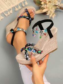 Women's Fashion Round Toe Open Toe Summer Plus Size Bohemian Style Wedge Platform Sandals - Black - View 4