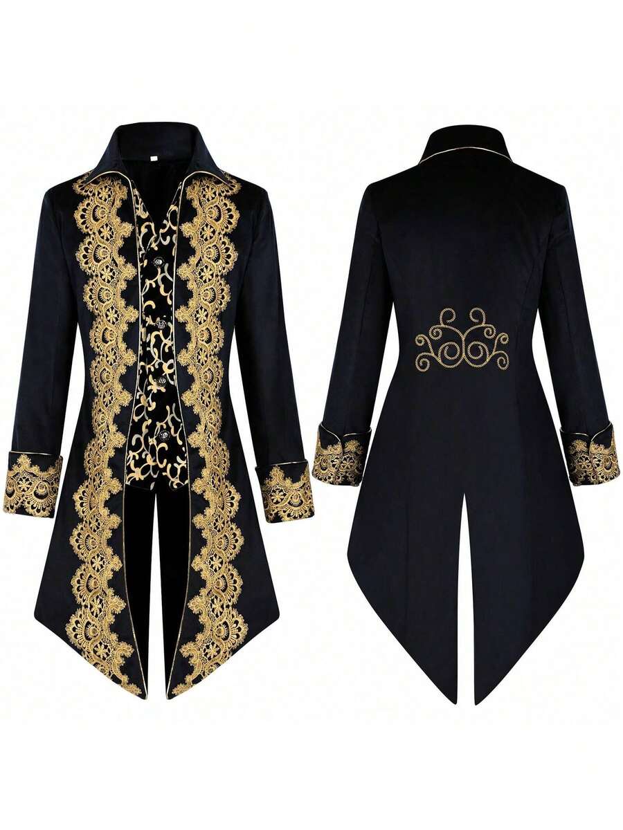 Frack, Medieval Retro Clothing, Mid-Length Punk Men's Coat - Lace Tuxedo Style 2 Black - View 1