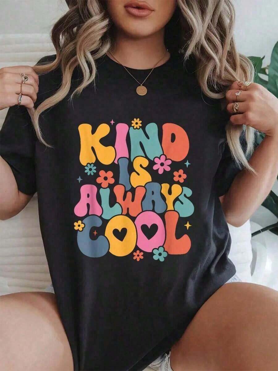 NewSummerCasual1 Piece Women's Graphic Print T-Shirt "Kind Is Always Cool Groovy Teacher Be Kind Kindness Matters", Summer Clothing, 210g, 100% Cotton, Designs Are Printed. Unisex.-Unisex Urban Vintage Style Loose Fit Short Sleeve Cotton Crew Neck T-Shirt. - 黑色 - 查看 1