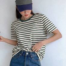 Camiseta de mujer de manga corta, cuello redondo y rayas, de estilo casual para el verano - Azul - Ver 6