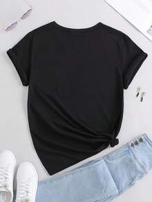 Casual Loose-Fitting Short-Sleeved Summer T-Shirt With Gradient Pink Infinity Symbol Print - Hitam - View 2