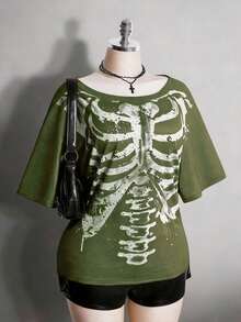 Colección verano 2026. Camiseta holgada mujer talla grande, estampado calavera y rosa gótico punk, estilo retro vanguardista. Tallas 3–7XL, apta otoño-invierno. Envío gratis 24h. - Verde - Ver 15