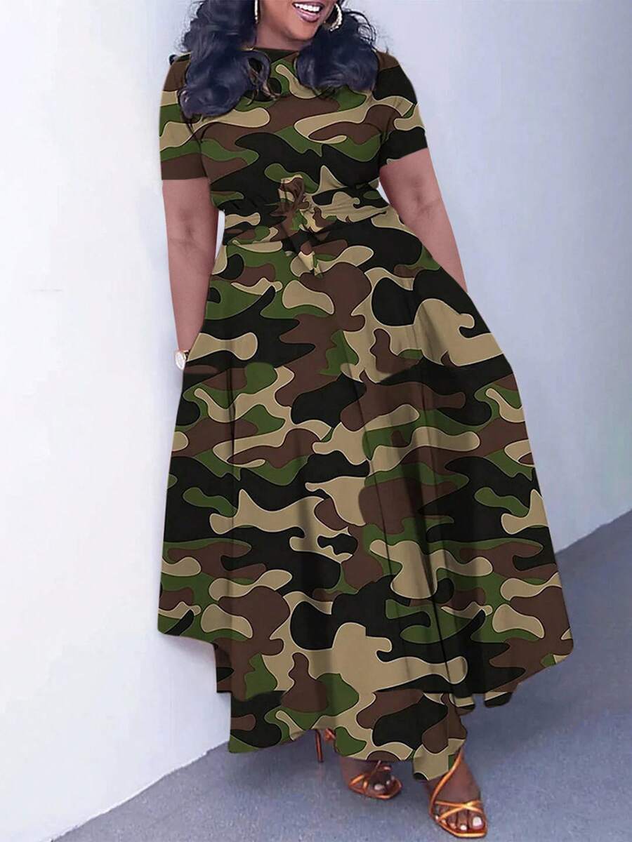 Vestido acampanado de manga corta, talla grande, elegante, con cordones, nuevo estilo 2026 para mujer - Verde militar - Ver 1