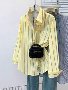 Camisa casual de manga larga con botones y bolsillos a rayas para mujer, ropa de oficina/trabajo para primavera - Amarillo - Ver 1