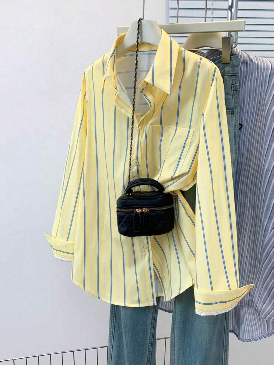 Camisa casual de manga larga con botones y bolsillos a rayas para mujer, ropa de oficina/trabajo para primavera - Amarillo - Ver 1