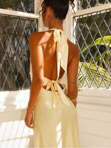 Vestido mujer 2026 verano nuevo, satén liso, sin mangas, cuello V y cuello halter, sensual con espalda descubierta, correa ajustable y ajustado, largo - Amarillo - Ver 4
