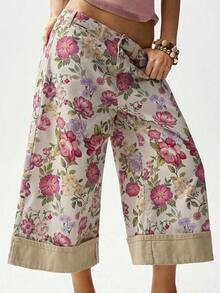 Pantalones casuales sueltos de mujer de 7/8 de longitud con estampado tejido - Albaricoque - Ver 2