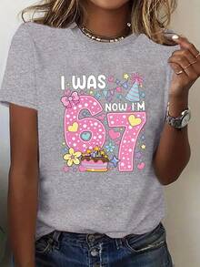 Plus Size Women's Birthday T-Shirt With The Phrase "I Was 66 Now I'm 170.18cm" - Funny Birthday Gift, Casual Crew Neck Blouse Suitable For 66th Birthday Parties And Casual Outfits, Machine Washable Letters - 灰色 - 查看 6