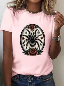 Talla Grande, Camiseta Oversize para Mujer con Estampado de Araña Estilo Tatuaje y Letras Florales - Blusa Casual de Cuello Redondo, Lavable a Máquina, Adecuada para Combinar en Otoño/Invierno, No es un Atuendo Casual - Gris rosado pálido - Ver 6