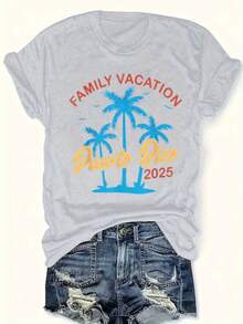 Women's Plus Size Graphic T-Shirt With Puerto Rico Design - Casual Short Sleeve Crew Neck Top With Palm Tree Design, Bright Pink, Perfect For Spring And Summer, Casual Spring Wear | Family Vacation Design | Vibrant Print T-Shirt, Puerto Rico T-Shirt - 淺灰色 - 查看 1