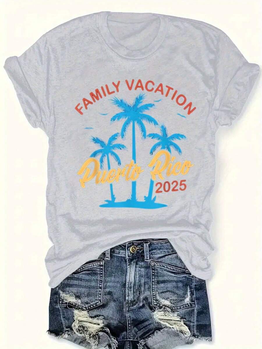 Women's Plus Size Graphic T-Shirt With Puerto Rico Design - Casual Short Sleeve Crew Neck Top With Palm Tree Design, Bright Pink, Perfect For Spring And Summer, Casual Spring Wear | Family Vacation Design | Vibrant Print T-Shirt, Puerto Rico T-Shirt - 淺灰色 - 查看 1