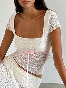 2026 New Women Lace Crop Top Square Neck Short Sleeve Sheer Blouse With Ribbon Bow Suitable For Going Out In Summer - White - View 3