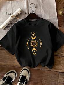 Spring And Summer Fashion Pattern Printed Short Sleeves, Casual Short Sleeve T-Shirts, Women's Fashion Round Waist T-Shirts In Standard Sizes, Women's Clothing In Standard Sizes, Women's Clothing - 黑色 - 查看 6