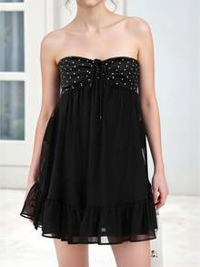 Women Off Shoulder Mini Dress Dot Print Sleeveless A-Line Short Ruffle Dresses For Daily Party Club - Black - View 1