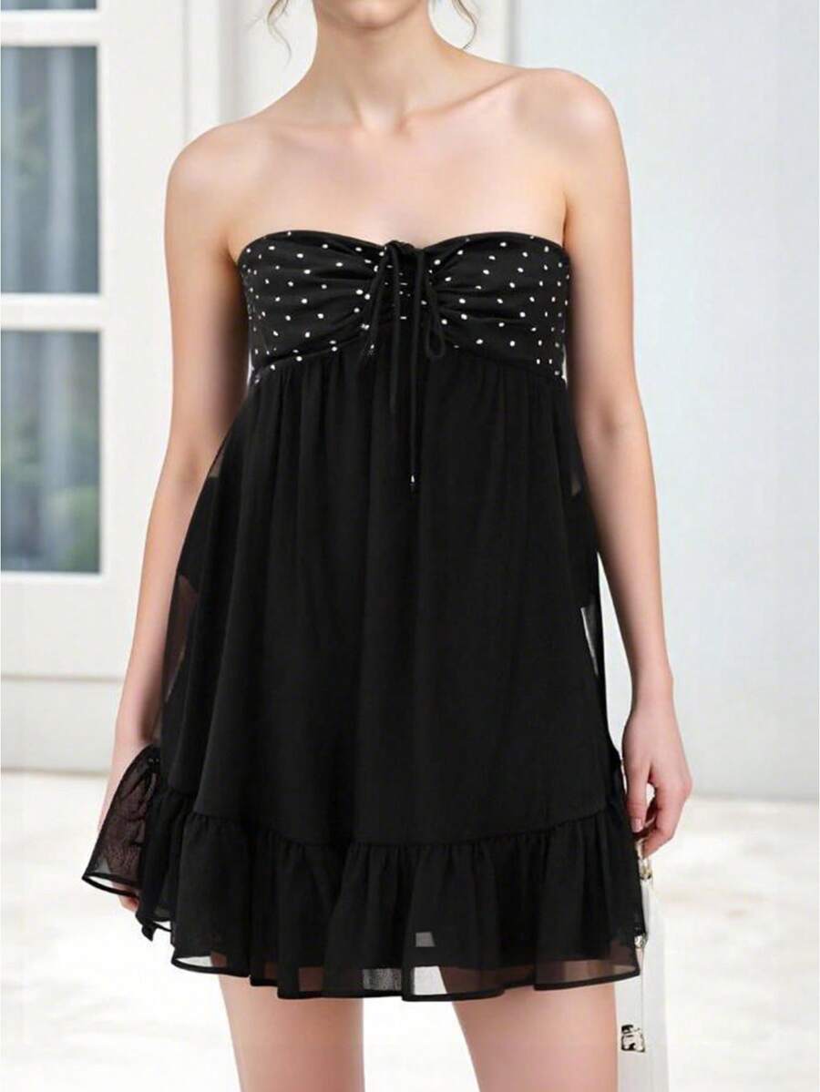 Women Off Shoulder Mini Dress Dot Print Sleeveless A-Line Short Ruffle Dresses For Daily Party Club - Black - View 1