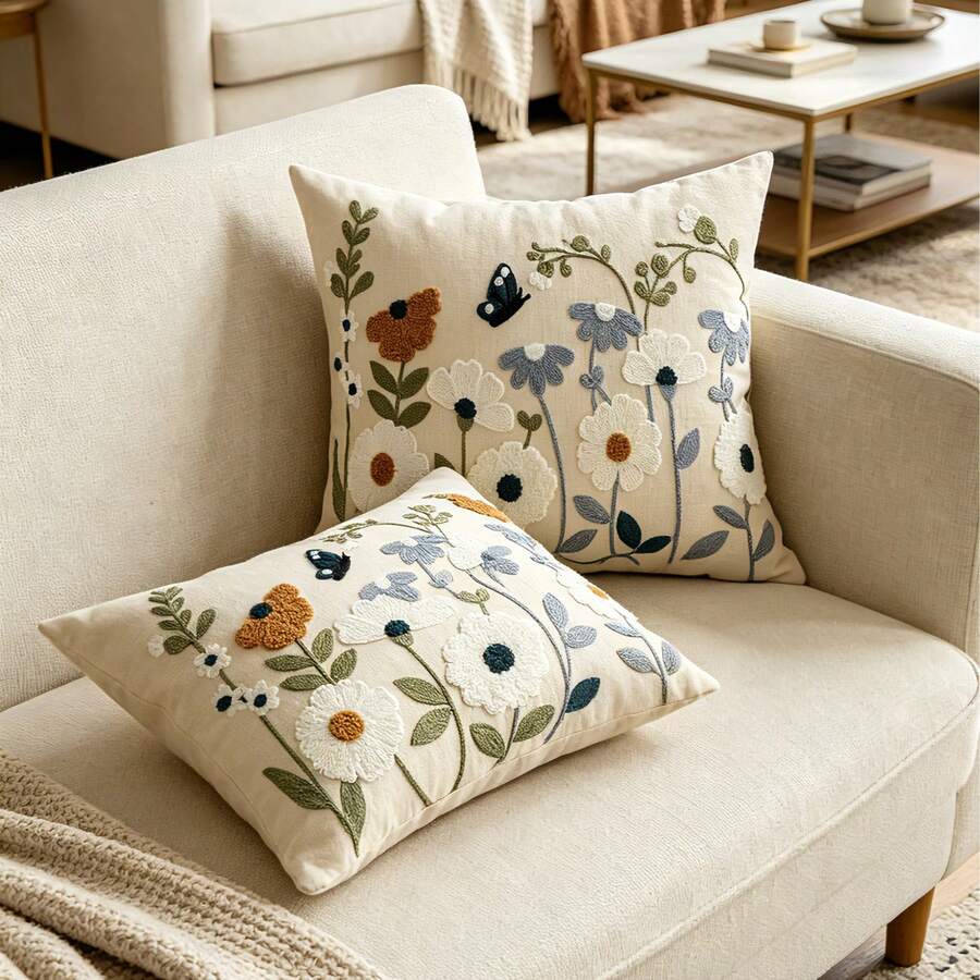 1pc Canvas Embroidered Throw Pillow Cover 12x20 Inch, Decorative Cushion Cover With Zipper, Cute Wildflower Design For Sofa, Bed, Home Decor (Inner Pillow Not Included) - Dusty Blue - View 1