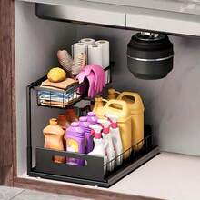 2pcs Under Sink Organizer, Pull-Out Storage Rack, 2-Tier L-Shaped Sliding Drawer, Slide Out Cabinet Organizers And Storage, Multi-Purpose Bath Collection Baskets For Bathroom, Kitchen, Pantry, Closet Sorting Rack, Kitchen Accessories - Red and White - View 6