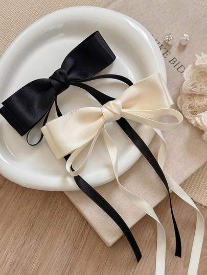 2 piezas/1 pieza Clip de pelo con lazo de cinta de satén minimalista, elegante y lindo de estilo callejero retro vintage de 22 cm/8,66 pulgadas en color negro/beige, adecuado para decoración del peinado diario, ir al trabajo, la escuela, viajes, regalo de vacaciones, accesorio para el cabello