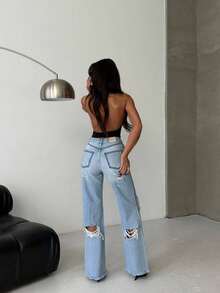 SQUALO Women's Blue Washed, Ripped, And Distressed Effect Jeans Street Style - Blue - View 3