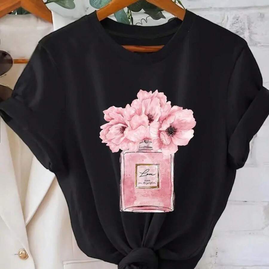 [Cotton] Women's Floral Print T-Shirt, Parisian Floral Design, Casual Short-Sleeved Top With A Round Neck, Suitable For Everyday Wear In All Seasons. A Great Gift For Golfers, Both Men And Women, To Complement Your Outfit Today. SPKA - 黑色 - 查看 1