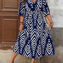 Summer Elegant Floral Print Short Sleeve Dress - Azul - Ver 10