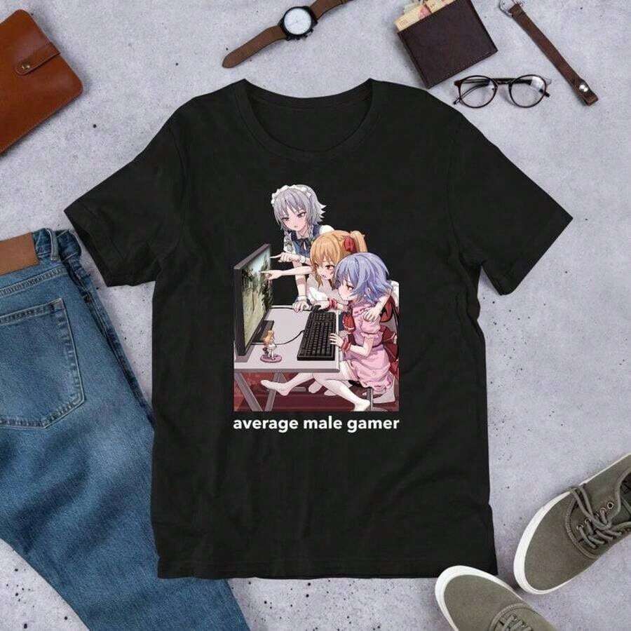 Camiseta de estilo urbano, cómoda, transpirable, de manga corta, para parejas, a la moda, informal, de cuello redondo. Diseño gráfico unisex con tres chicas anime jugando un videojuego en el escritorio. Camiseta unisex de algodón, ultra suave, que garantiza comodidad durante todo el día para hombres y mujeres en salidas informales o días de descanso en casa. Camiseta unisex de algodón, de cuello redondo, manga corta, versátil para uso diario. - Negro - Ver 1