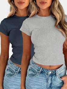 Camiseta De Verano Para Mujer unicolor De Cuello Redondo Y Manga Corta De Ajuste Delgado - Multicolor - Ver 6