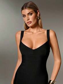 Vestido de vacaciones ajustado y sexy con espalda descubierta para mujer, vestido de punto acanalado que se ajusta a la curva - Negro - Ver 5