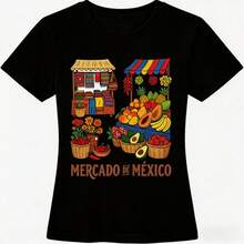 Women's Black Cotton Casual T Shirt with Mercado de Mexico Print Medium Stretch Fabric - Negro - Ver 9
