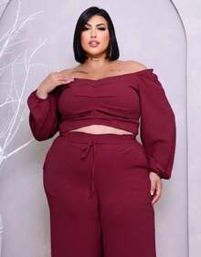 Plus Size Set: Off-The-Shoulder Cropped Top And Elegant High-Waisted Lined Palazzo Pants - 紅木色 - 查看 2