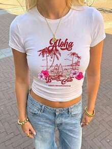 1 pieza de camiseta de verano para mujer, de cuello redondo, manga corta, corte ajustado, informal, con estampado inglés de palmeras, tablas de surf y costas, estilo Y2K, adecuada para primavera, verano, playa, calle, uso diario, trabajo, fiestas de oficina, salidas, carnaval, festivales de música, Día de San Valentín, fiestas, color blanco. . Estilo Y2K, estilo a la moda, lo más nuevo de 2026, estilo lindo, estilo casual. 180g (Tallas S-XXXL) - Blanco - Ver 5