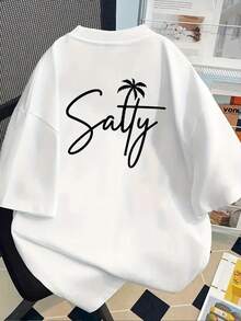 Women's Tropical Print T-Shirt - "Salty" Design With Palm Trees And Stars, Casual Short Sleeve Crew Neck, Lightweight Polyester Blend, Perfect For Spring And Summer, Casual Summer Wear | Tropical Print Top | Y2k Comfortable Fit T-Shirt - 白色 - 查看 2