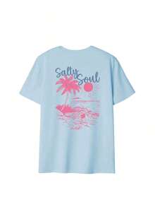 SALTY SOUL Women's Short Sleeve Crew Neck T-Shirt With Coconut And Sun Print, New Spring/Summer Collection, Versatile And Fashionable, Essential For Everyday Wear And Holidays. Women's Holiday Print T-Shirt - 淺藍色 - 查看 3