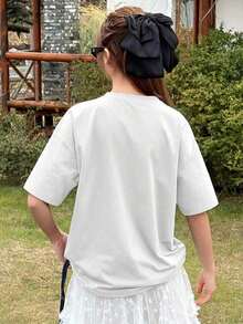 Camiseta de manga corta  para adolescentes, cuello redondo, estampado de letras y lazos, estilo casual y versátil para uso diario - Estilo vintage urbano, unisex, holgada, de algodón, con cuello redondo. - Blanco - Ver 2