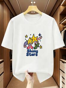 Top femenino manga corta cuello redondo en algodón puro, diseño estampado moderno, tela fresca y aireable, prenda versátil para look casual, ocasiones diarias y encuentros sociales todo el año - Blanco - Ver 8