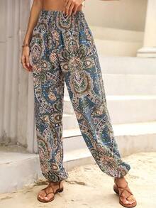 Pantalones jogger con estampado de paisley de cintura fruncido - Multicolor 9 - Ver 10