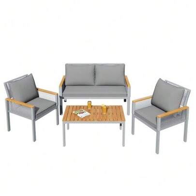 Garden Lounge Set, Garden Furniture Set With Comfortable Cushions, Double Sofa, 2 Armchairs And Table, Outdoor, Rattan, Table And Chairs, Grey, [OLD SKU: WF316057AAE]