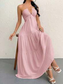 Vestido maxi sin espalda con cuello halter de crepé y lazo para ocasiones en complejos turísticos y bodas - Rosa Pálido - Ver 3