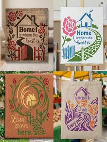 4pcs Reusable House Outline Stencils, Suitable For DIY Crafts, Farmhouse Wall Decor, Includes Wreath, Pebble Patterns And "Home Is Where The Heart Is" Quote Templates, Can Be Used For Scrapbooking, Greeting Cards, Fabric Painting - Houses - View 4