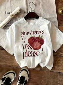 Camiseta de corte ancho para mujer, con letras y divertidos estampados de fresas, ropa de verano, estilo Y2K, cuello redondo, transpirable, ligera y cómoda, estampado de frutas y verduras, manga corta, colección primavera-verano camisetas para muje - Estilo IV - Ver 6