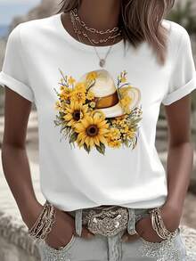 Women's Short-Sleeved Cotton T-Shirt With Sunflower And Flower Graphic Print, Ideal For Holidays, Casual Style, Round Neck, Women's Clothing. - 白色 - 查看 10