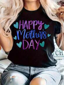 Camiseta de Mujer para el Día de la Madre - Suave, elástica, de cuello redondo, manga corta, con estampados de corazones y letras, lavable a máquina, adecuada para primavera y verano, un regalo para mamá, ropa casual, atuendo informal. - Negro - Ver 7