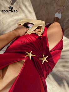 Traje de baño de una pieza con decoración de estrella de mar y falda pareo con abertura alta, diseño elegante para mujeres, adecuado para vacaciones de verano en la playa, color blanco - Rojo - Ver 6