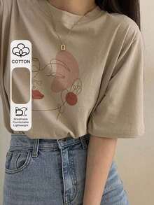 Camiseta de manga corta con cuello redondo y estampado, de corte holgado para mujer, camisetas gráficas de verano para mujer - Caqui - Ver 7