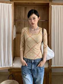 Blusa corta de manga corta con cuello cuadrado de malla a cuadros con estilo retro americano, ajustada y sexy para el verano - Caqui - Ver 3
