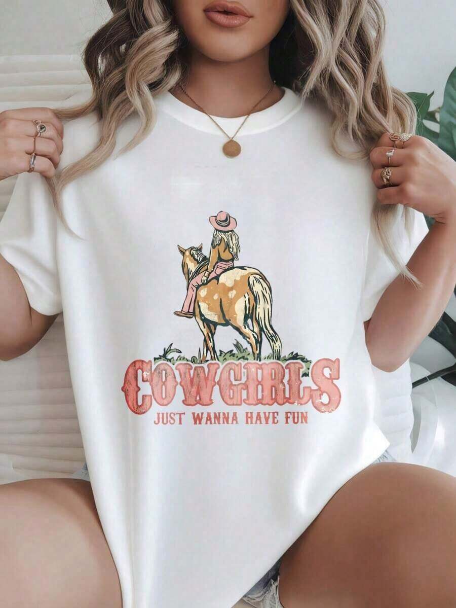 Las vaqueras simplemente quieren divertirse: Camiseta casual con estampado a la moda para mujer, adecuada para todas las estaciones.  
 -Blanco - Blanco - Ver 1