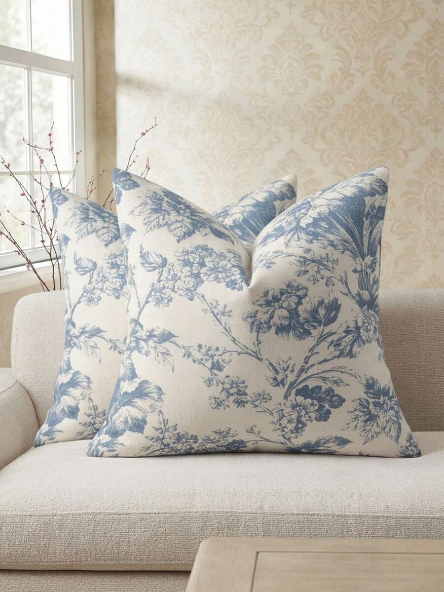 1pc Vintage Tropical Plant & Floral Pattern Decorative Throw Pillow Cover, Suitable For Sofa, Sofa Bed, Chair, Home Decor Accent - Blue - View 1