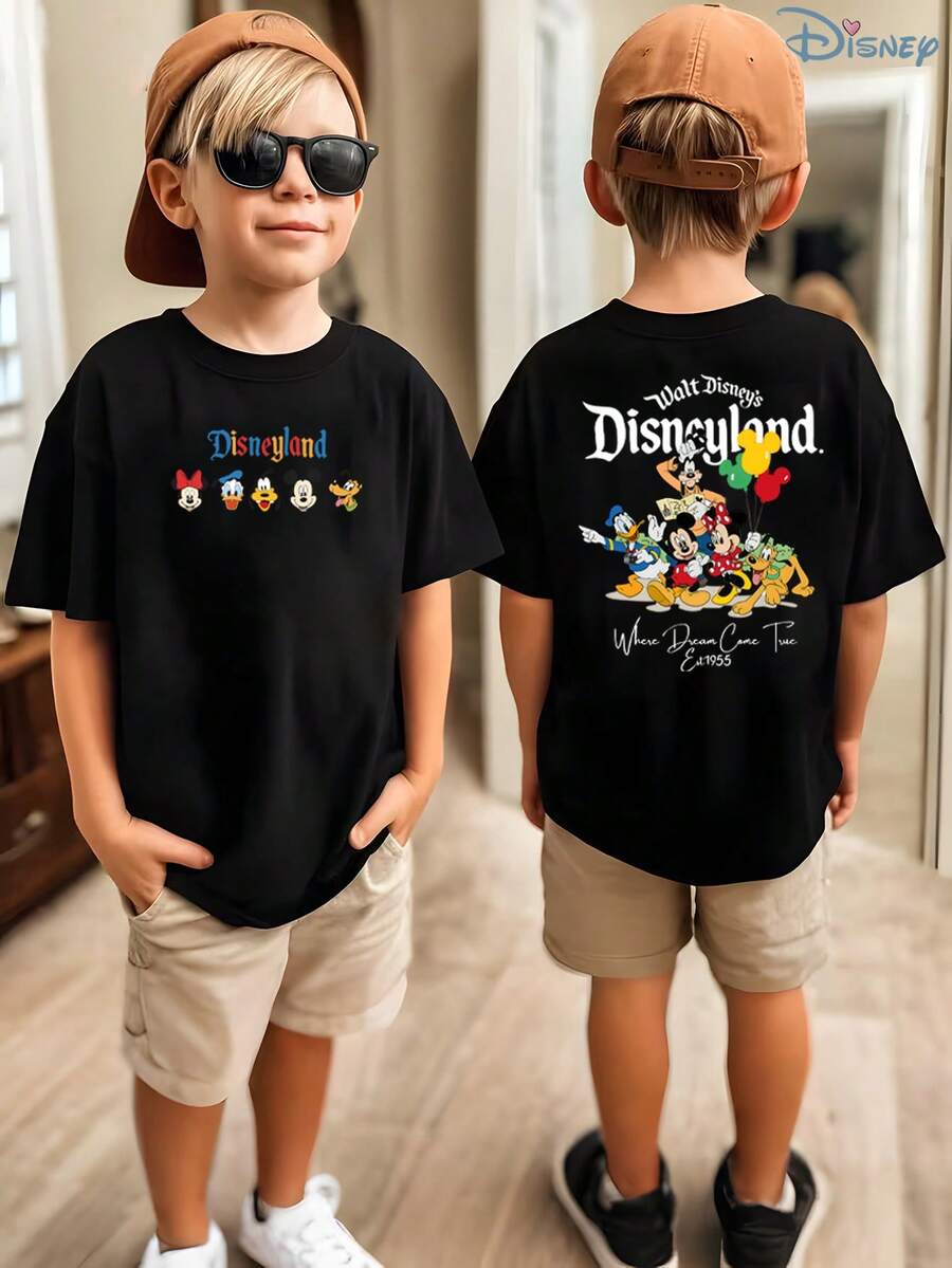 Boys' Disneyland Classic Characters "Where Dreams Come True" Double-Sided Graphic T-Shirt, Kids Vintage Magic Tee, Soft Breathable Casual Top For Boys, Ideal For Everyday Wear, Playground, School, Theme Parks, Family Trips & Outdoor Activities - màu đen - Xem 1