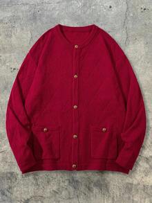 ANDREILEE Men's Cardigan, Fashion Solid Color Minimalist Button-Up Round Neck Long Sleeve Loose Ribbed Knit Sweater Jacket, Casual Commute Home Wear, Autumn/Winter - Red - View 6