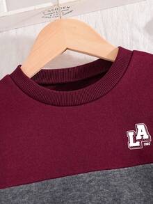 Tween Boy Letter Graphic Color Block Warm Crew Neck Sweatshirt And Pants Set - Burgundy - View 4